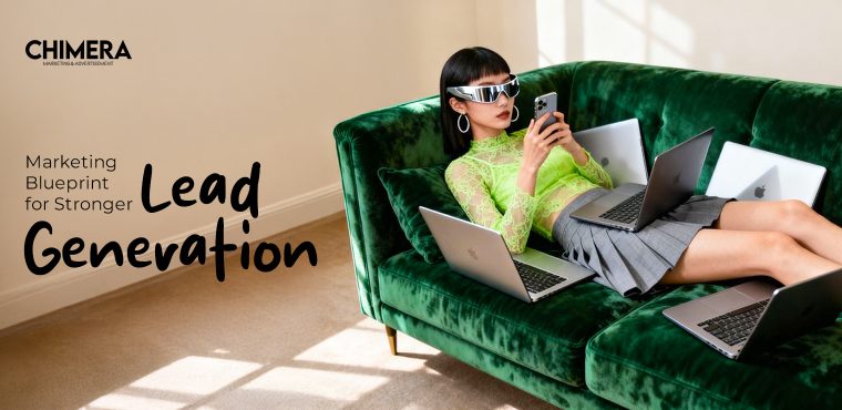 A woman in futuristic glasses surrounded by multiple laptops on a green velvet couch, symbolizing a comprehensive marketing blueprint for high-volume lead generation.