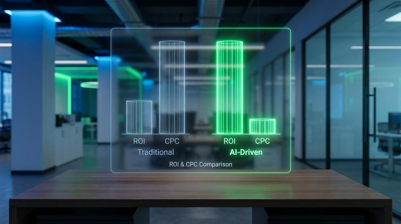 A person reviewing high-performance search ranking data on a laptop in a modern office, illustrating how AI-driven marketing strategies help businesses dominate search results.
