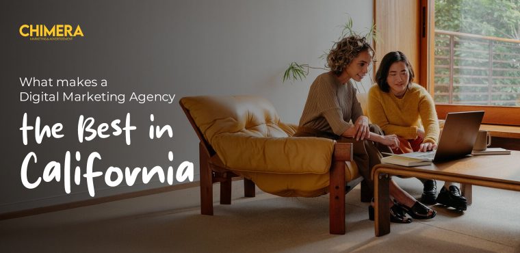 In the scenes, there is a modern California office room where two women are working joyfully on a laptop and discussing what a high-level digital marketing agency is.