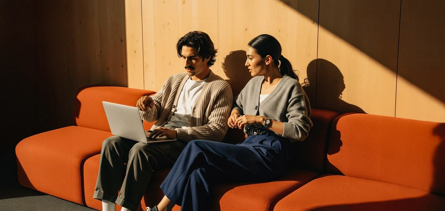 Two digital marketing strategists collaborating on a laptop while sitting on an orange couch in a sunlit office, reviewing Google’s new guidance for search optimization.