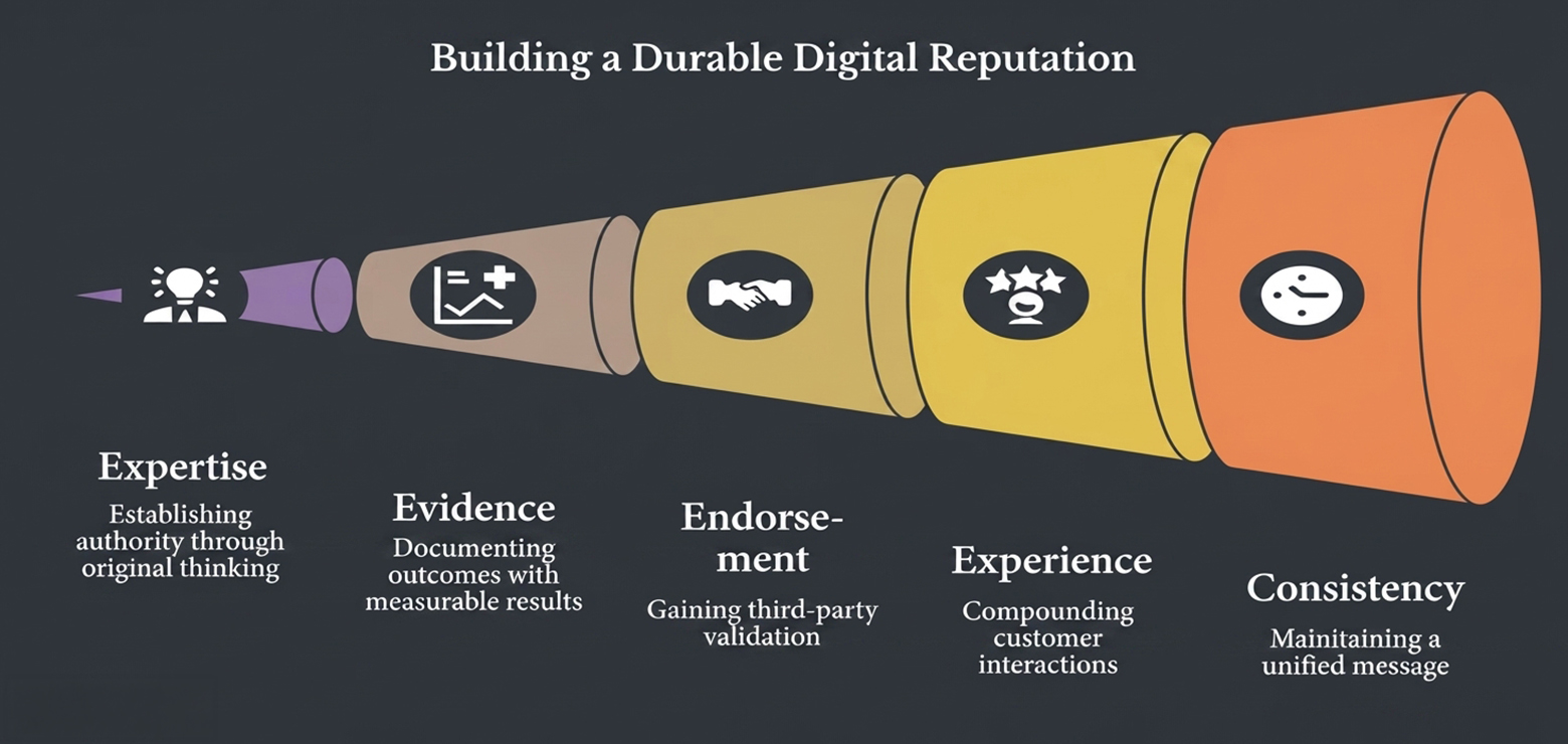 a highly compelling visual infograph that represents how reputation of an organization is a complete infrastructure rather than just a communication line