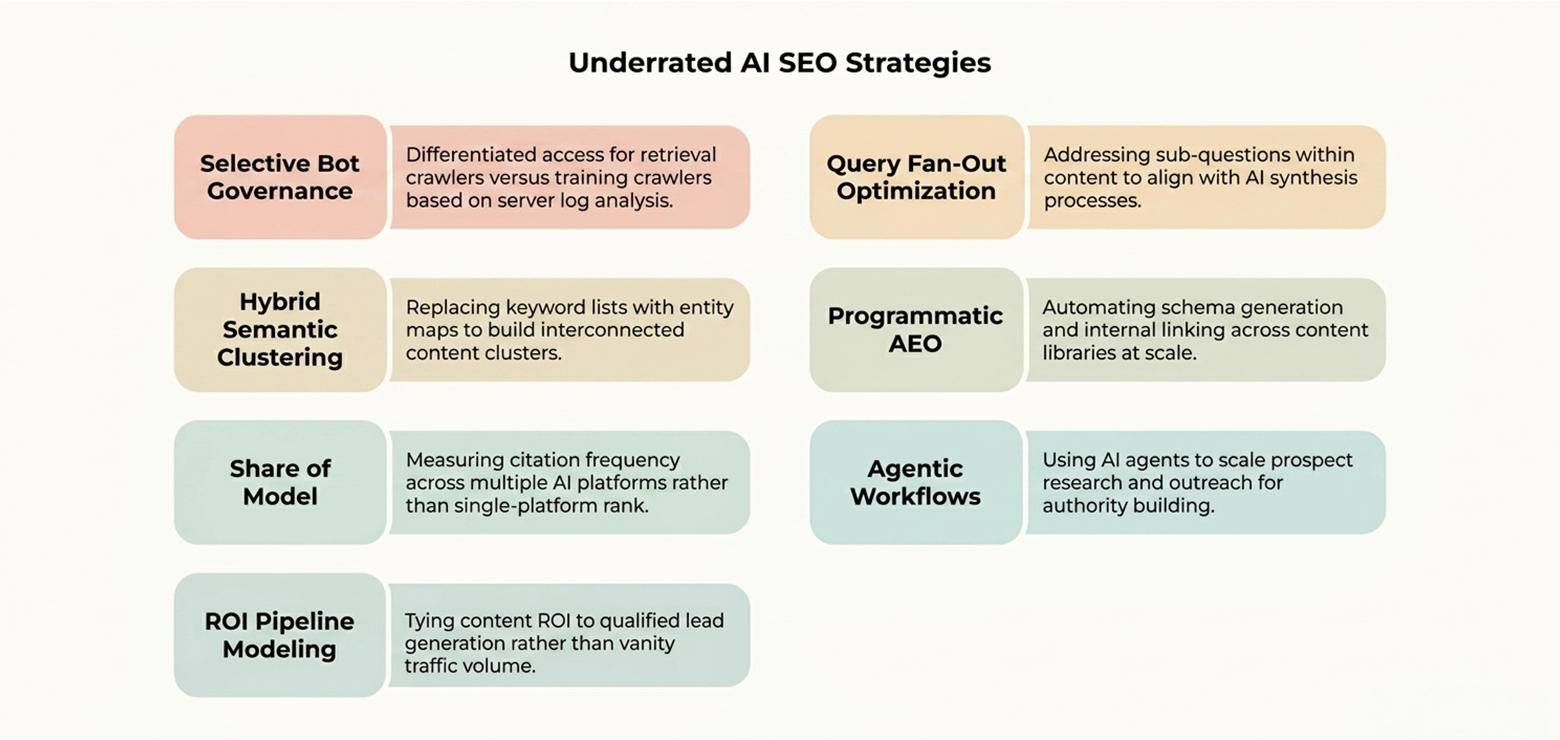 a comprehensive visual flowchart of certain AI SEO strategies that are underrated but they are still working and performing well for relavant businesses