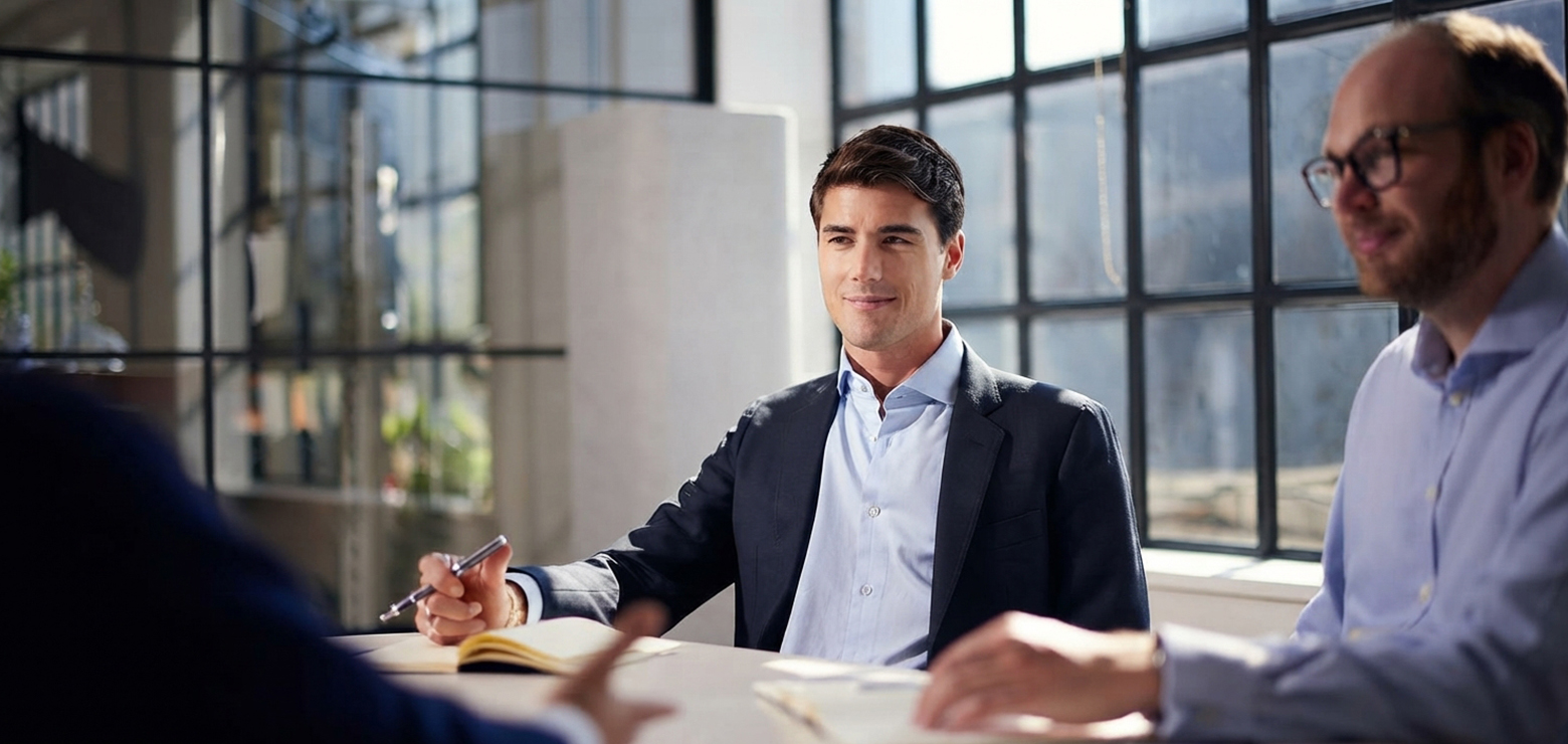 A professional business meeting featuring a consultant in a dark suit jacket holding a pen while listening attentively to a client across a conference table, illustrating AI search optimization strategies for local businesses