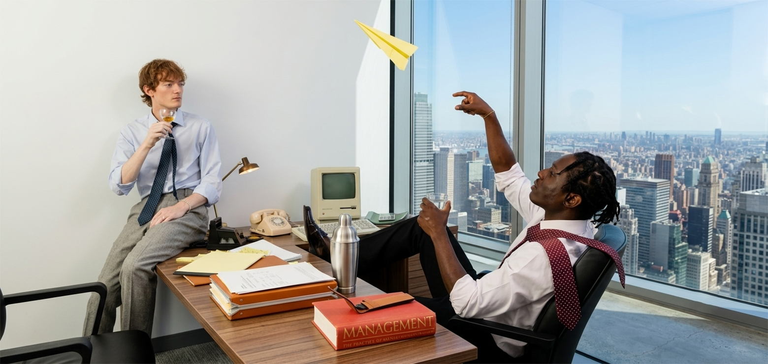 Two executives in a high-rise office with a city skyline view, featuring vintage desktop equipment and a yellow paper airplane, illustrating strategic hybrid AI SEO leadership for businesses in Anaheim, CA