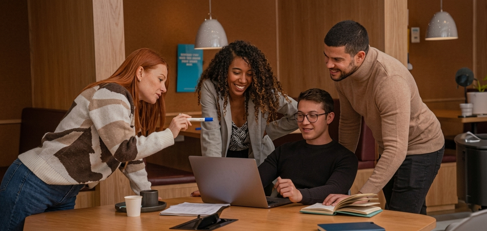 A diverse marketing team of four professionals gathered around a wooden table in a warm modern office, reviewing laptop analytics while a woman holding a whiteboard marker points to key data, illustrating strategic adaptation in the new AI search economy