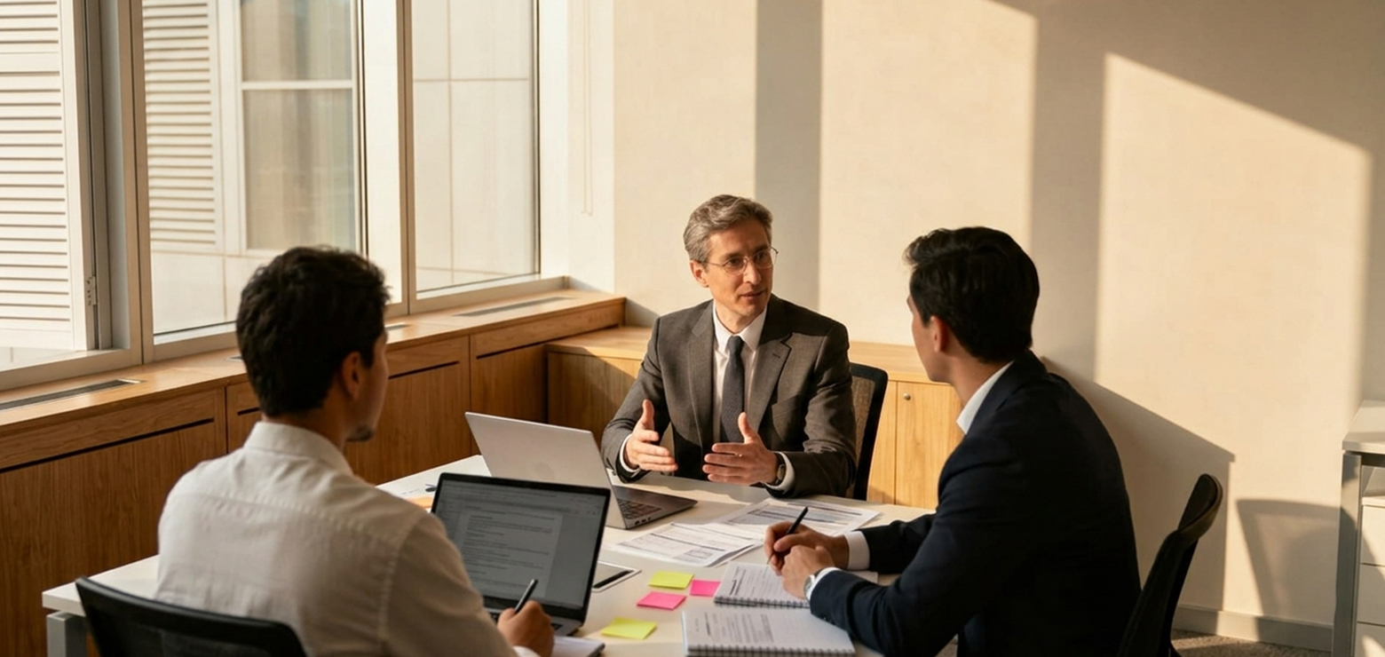 An executive leader in a suit gesturing while leading a strategic meeting with two colleagues at a conference table with open laptops and documents in a sunlit corner office, illustrating the core pillars of an enterprise AI moat