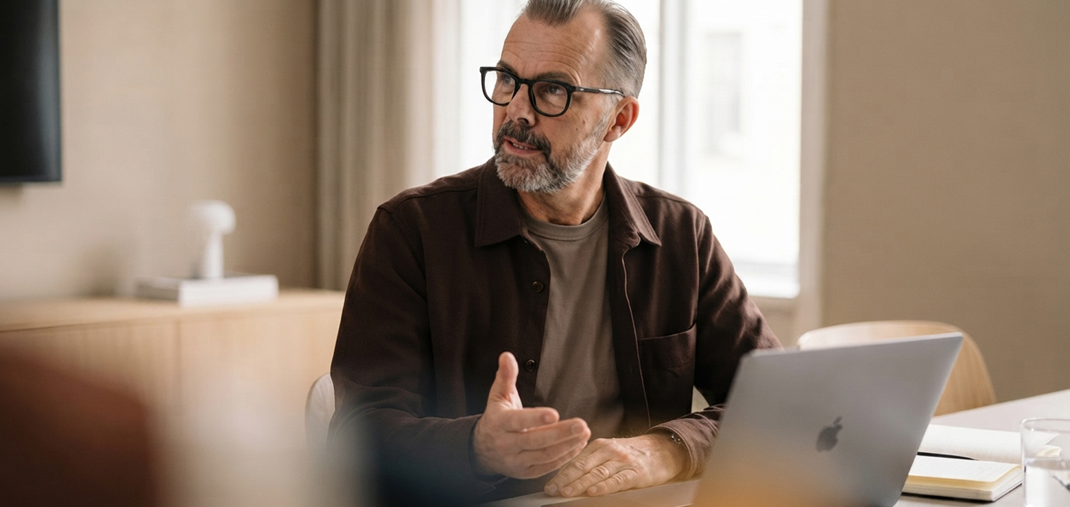 A mature male executive with glasses and a beard gesturing thoughtfully next to a laptop during a strategic meeting, illustrating how AI search models prioritize brand reputation over aggressive marketing