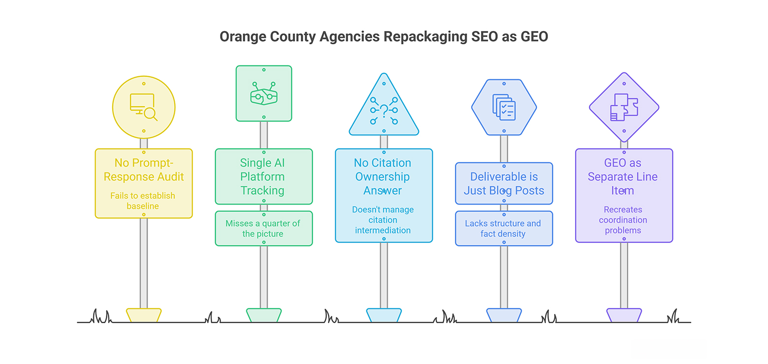 a highly compelling visual representing 5 signs how various agencies in Orange have repackaged their services from SEO to GEO