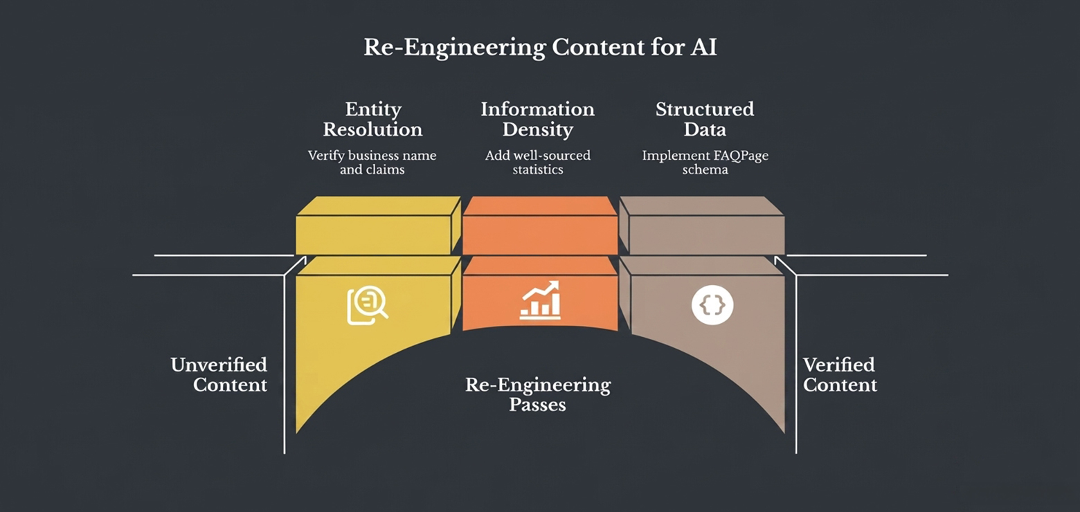 a highly compelling infograph representating the complete content re engineering framework and potential outcomes that can be acheived