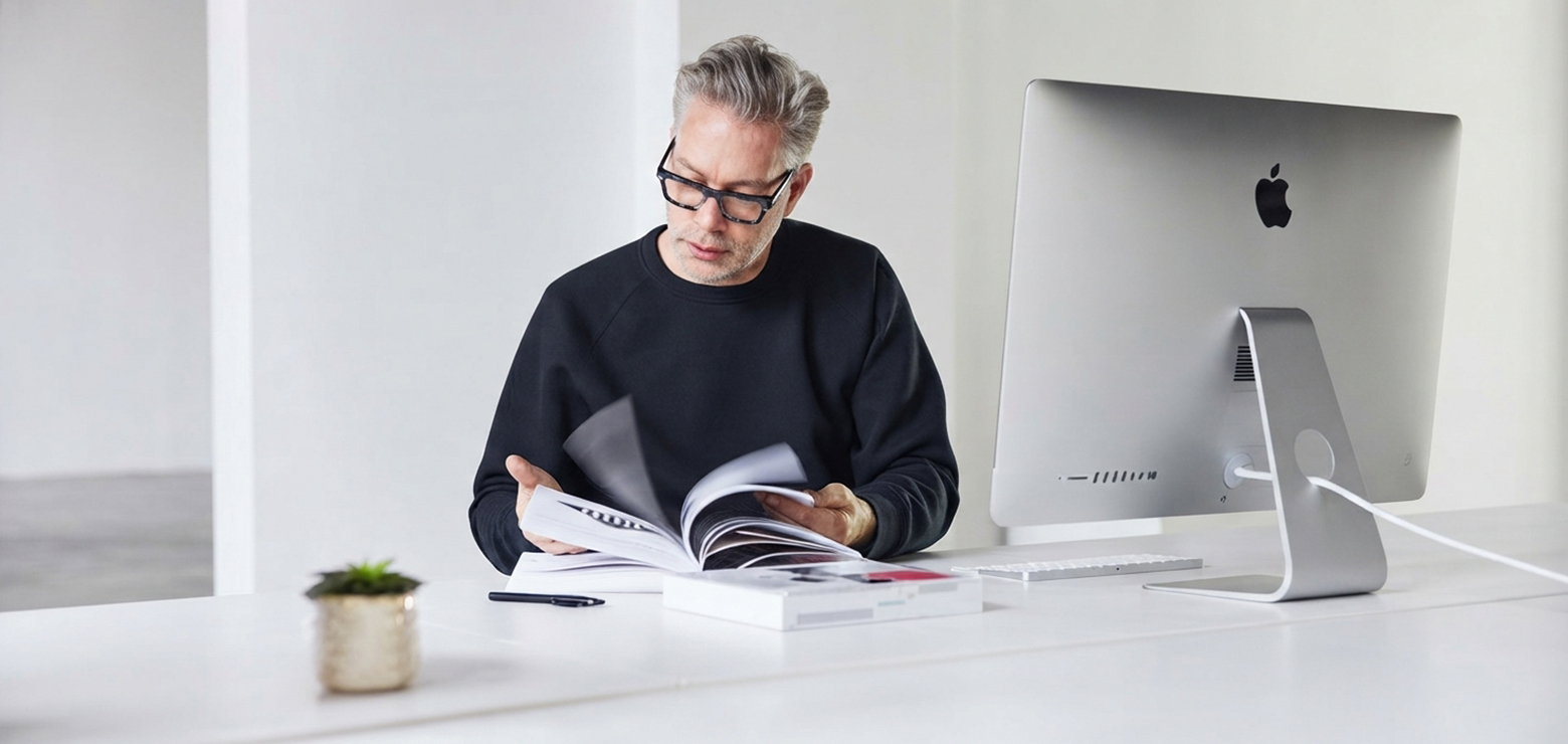 A male content strategist wearing glasses and a black sweatshirt reviewing a printed document next to an iMac desktop computer on a clean white desk, conducting an entity gap analysis for better search rankings