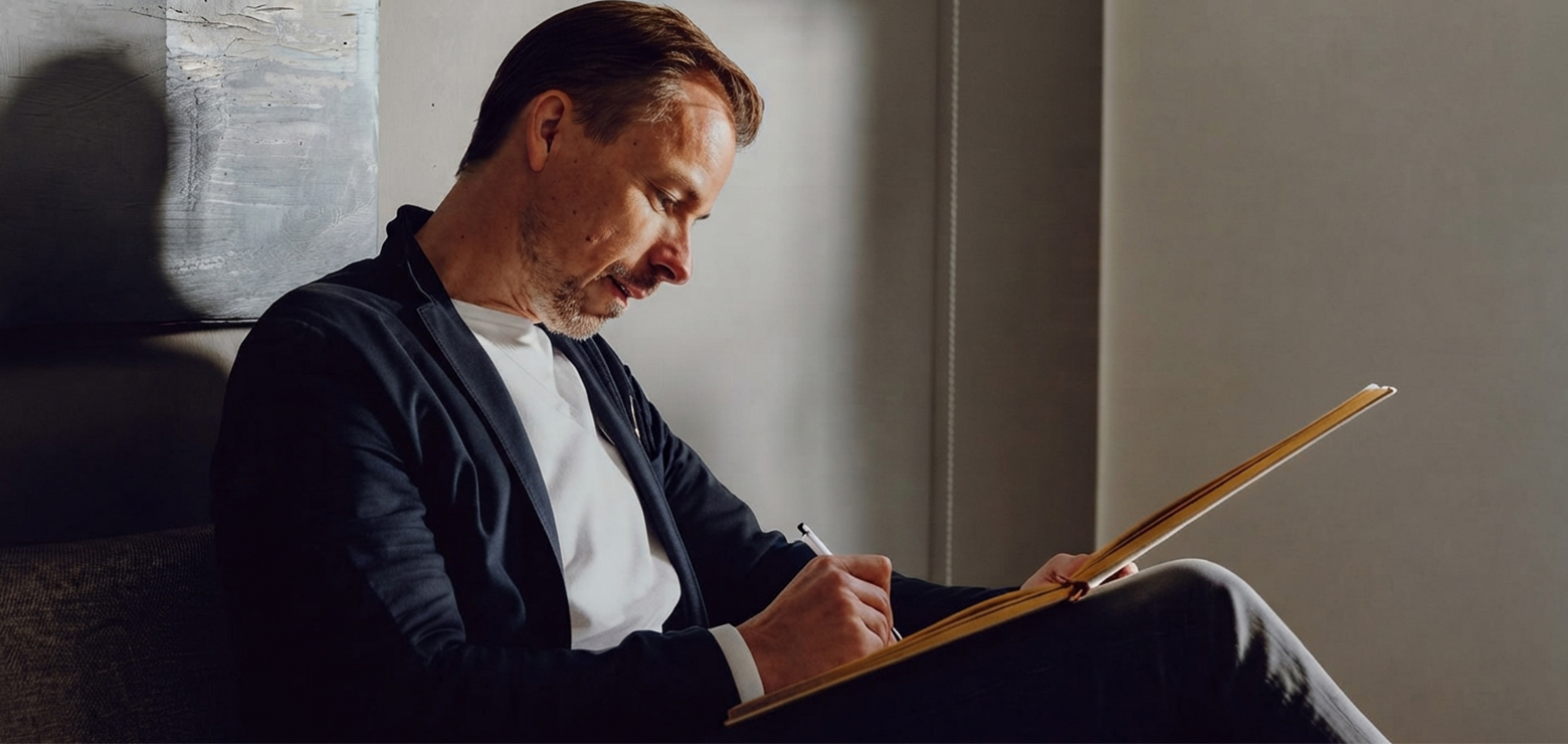 A male marketing strategist in a dark blazer taking notes in a journal during an executive planning session, illustrating the Orange County AI SEO playbook for generative engine recommendations in 2027