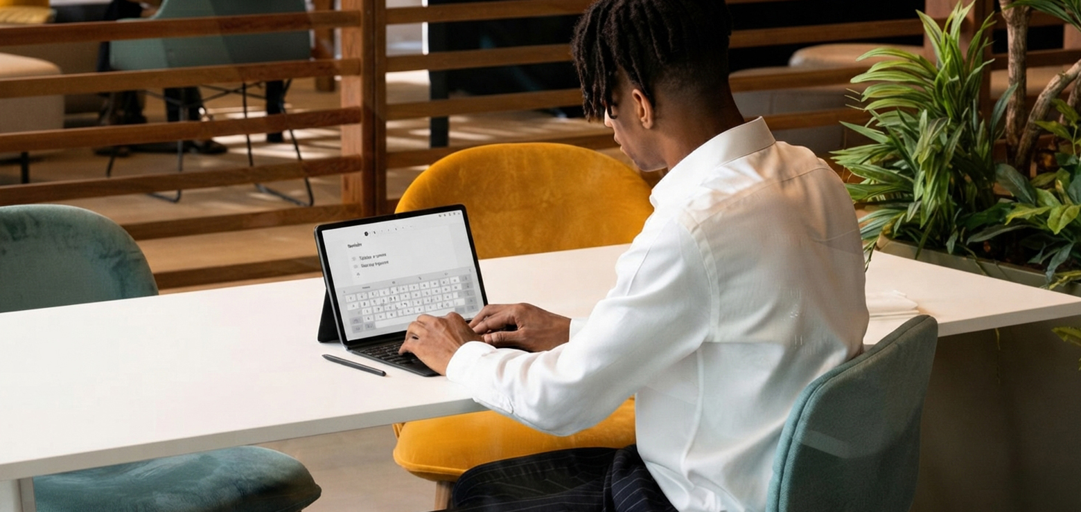 A young Black male digital strategist in a white dress shirt working on a 2-in-1 touchscreen tablet computer at a long white desk in a modern corporate workspace, analyzing why traditional SEO alone cannot capture AI search visibility