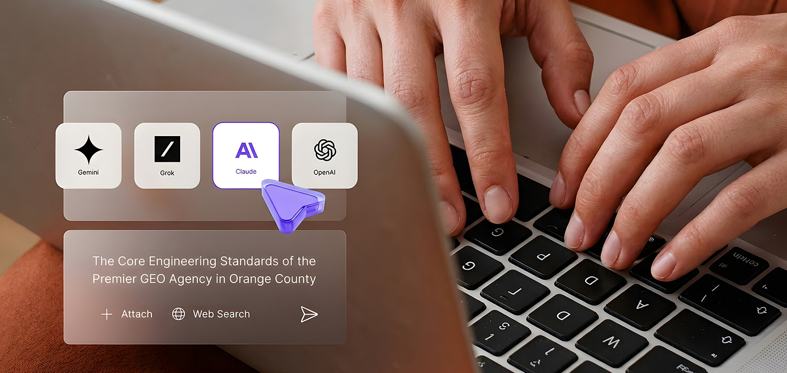 Hands typing on a laptop keyboard beside a glassmorphic UI overlay displaying multi-model selection badges for Gemini, Grok, Claude, and OpenAI, alongside a prompt interface titled The Core Engineering Standards of the Premier GEO Agency in Orange County