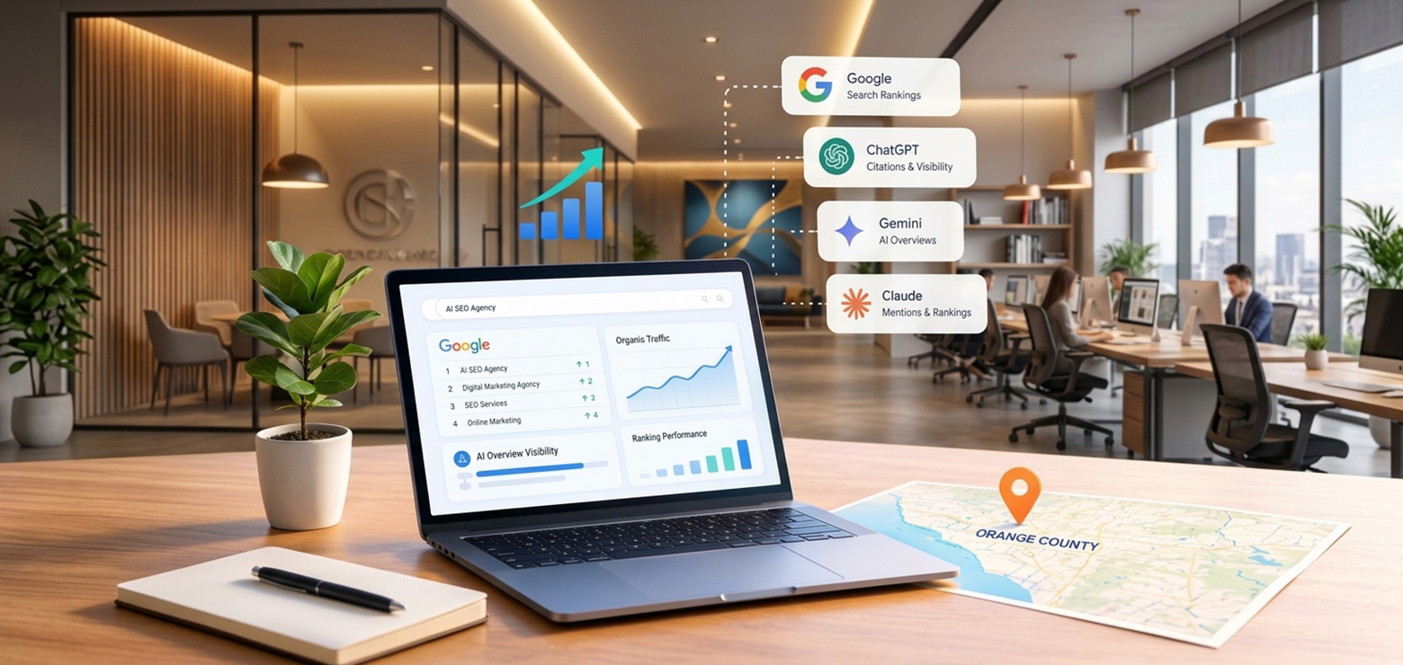 A modern office setting where a silver laptop on a wooden desk displays analytics for AI Overview Visibility and Google Organic Traffic, floating benchmark badges for ChatGPT, Claude, and Gemini, and an Orange County map with a focused pin, ranking top regional AI SEO agencies for 2026