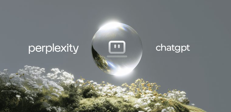 A glowing, reflective glass sphere with a computer icon floating above a grassy hill of white and yellow flowers, flanked by the words "perplexity" on the left and "chatgpt" on the right against a solid grey background