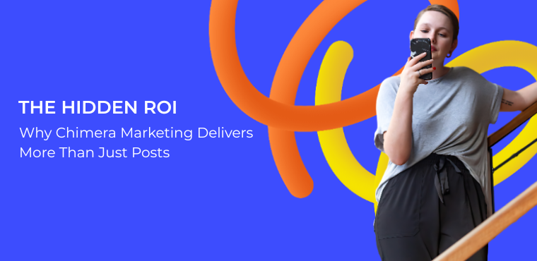 A person looking at their smartphone against a vibrant blue background with orange and yellow abstract shapes, explaining the hidden ROI of professional marketing beyond just social media posts.