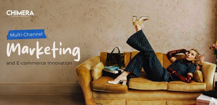 A stylishly dressed woman reclining on a vintage yellow sofa in an editorial-style setting, representing Chimera Marketing's innovative approach to multi-channel e-commerce.