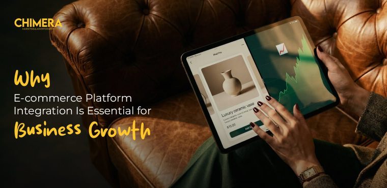 A person reviewing sales analytics and product listings on an iPad while sitting on a leather sofa, illustrating why e-commerce platform integration is essential for scaling business growth.