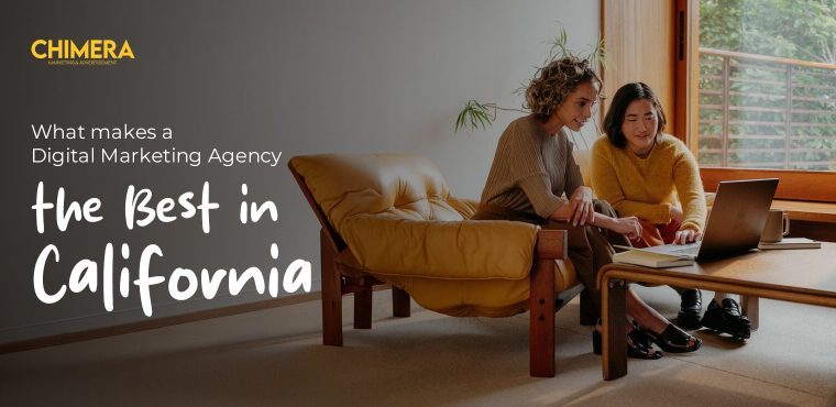 In the scenes, there is a modern California office room where two women are working joyfully on a laptop and discussing what a high-level digital marketing agency is.