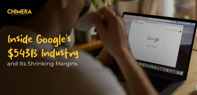 A professional drinking coffee while looking at the Google search homepage on a laptop, featuring a text overlay "Inside Google's \$543B Industry and Its Shrinking Margins" and the Chimera Marketing logo.