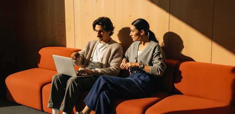 Two digital marketing strategists collaborating on a laptop while sitting on an orange couch in a sunlit office, reviewing Google’s new guidance for search optimization.