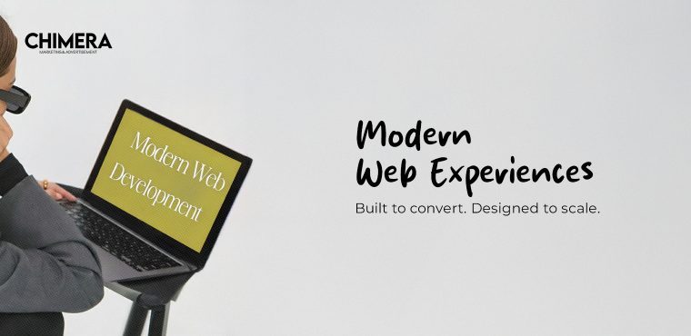 A clean, minimalist graphic featuring a person with a laptop and the text "Modern Web Experiences," highlighting web development built to convert and scale.