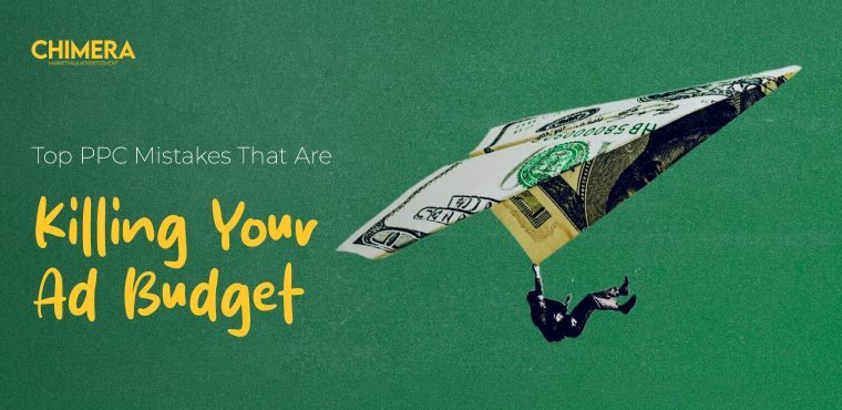 Imagery of a falling dollar note paper airplane with a silhouette still attached, identifying the best examples of PPC advertising errors that are killing PPC budget.