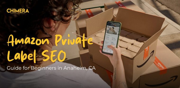 An individual running Amazon seller listings on a smartphone amidst a crowd of cardboard boxes, which is an instruction on Amazon Private label SEO as a beginner in Anaheim, CA.