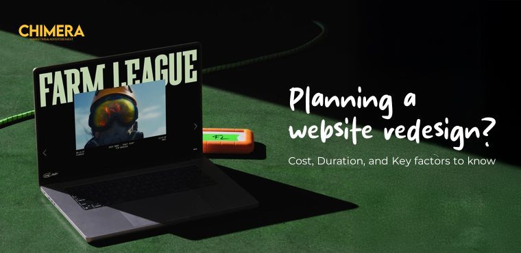 A laptop displaying a "Farm League" creative project on a green textured surface, illustrating the key factors, costs, and duration of a professional website redesign.