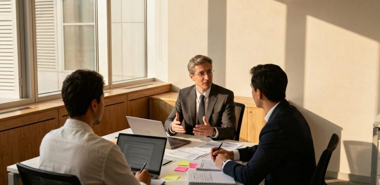 An executive leader in a suit gesturing while leading a strategic meeting with two colleagues at a conference table with open laptops and documents in a sunlit corner office, illustrating the core pillars of an enterprise AI moat