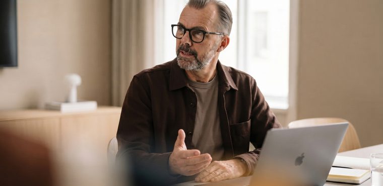 A mature male executive with glasses and a beard gesturing thoughtfully next to a laptop during a strategic meeting, illustrating how AI search models prioritize brand reputation over aggressive marketing